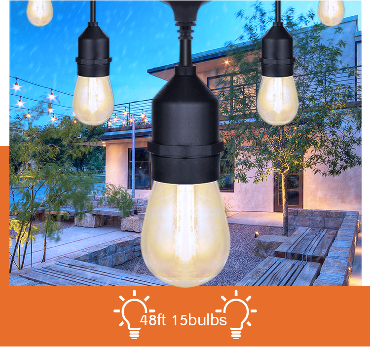 Andysom IP65 48Ft Warm White S14 Patio guirlande lumineuse for Outdoor Christmas led String lights with Plastic Edison LED Bulbs