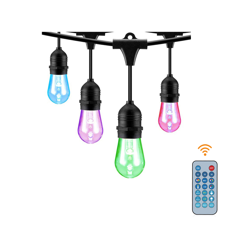 China Factory Wholesale 48Ft Dimmable S14 Color Chasing LED Festoon String Lights RGB Bulb for Patio Garden Party Remote Control