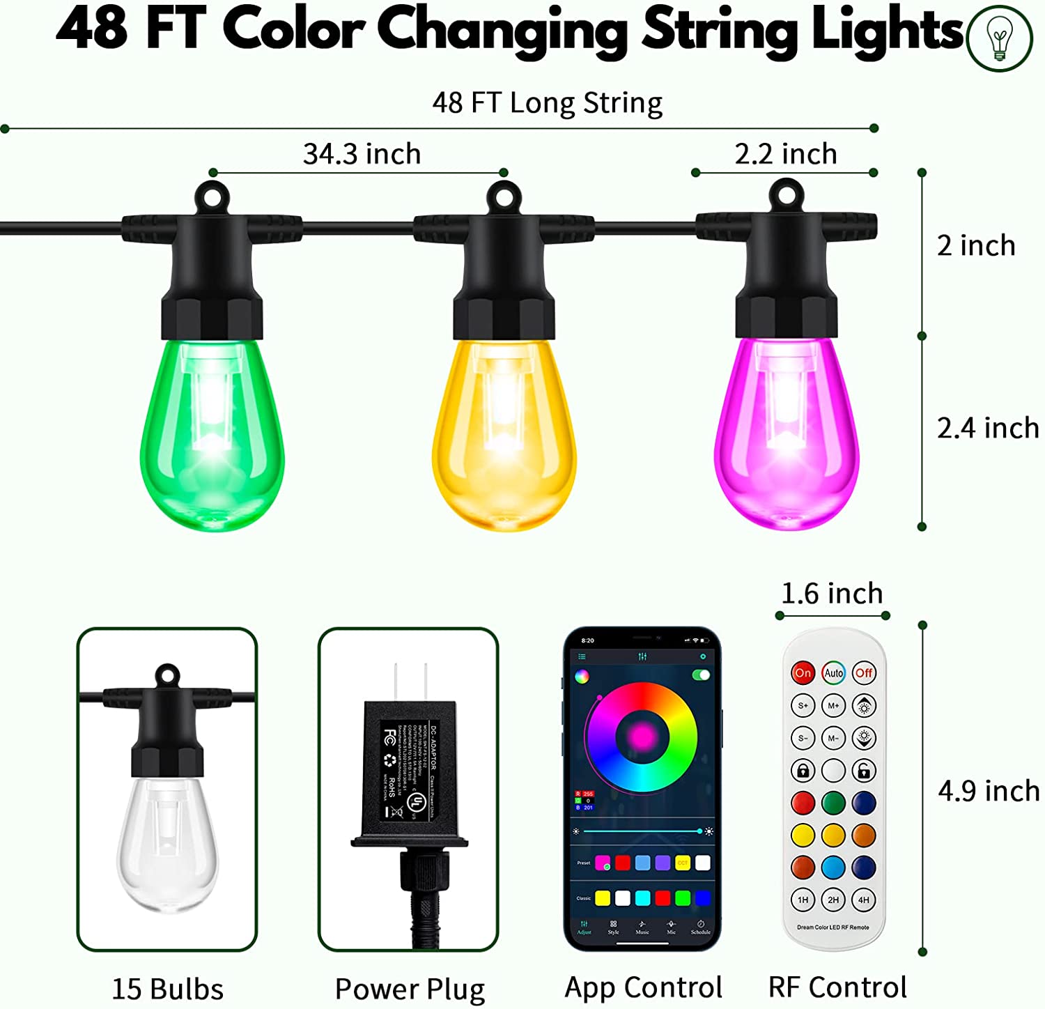 Rgb 48ft smart programmable solar light outdoor colorful string luces led control Tuya smart led christmas lights string