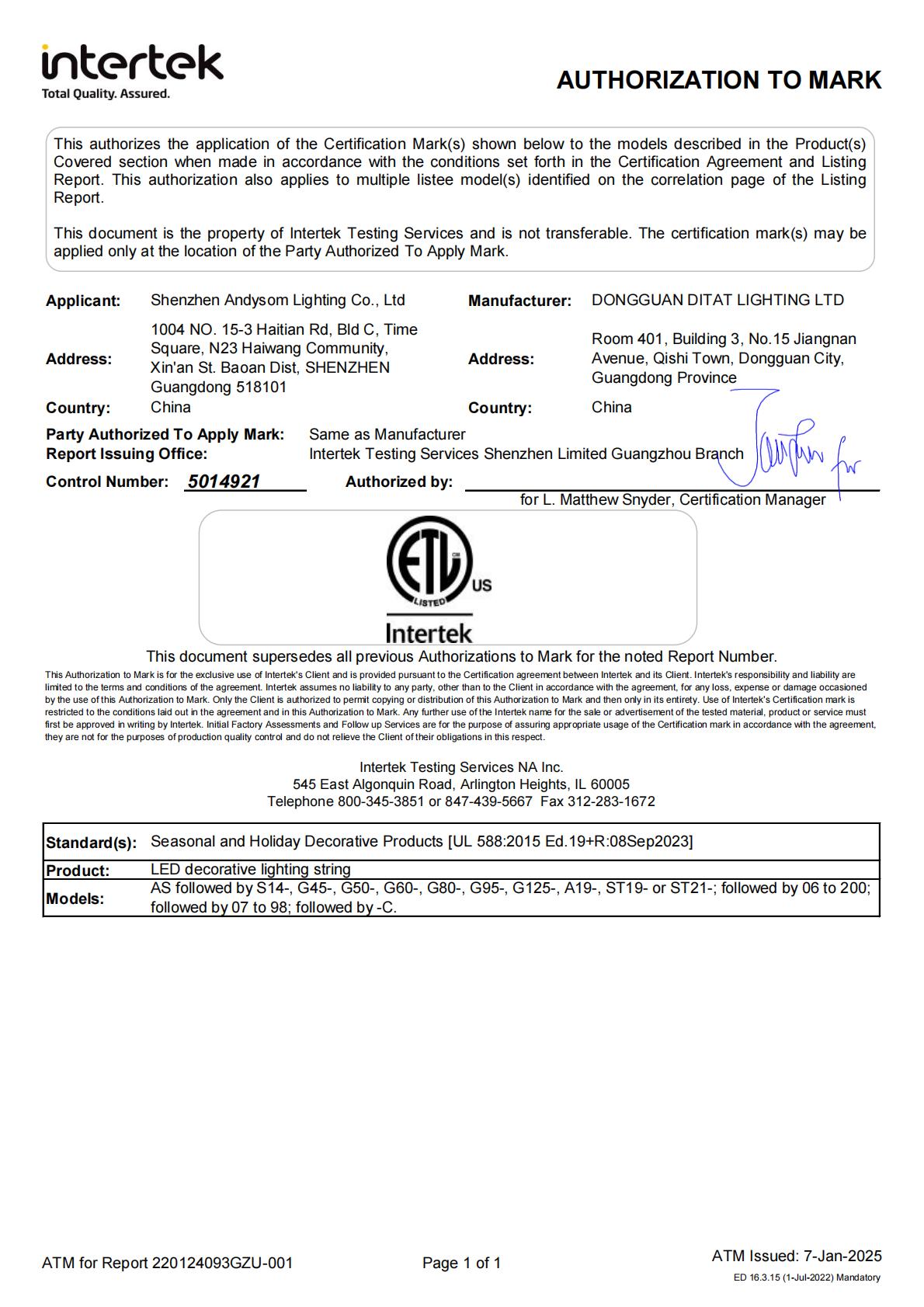 ETL authorization document for applicable E26 E12 lighting configurations