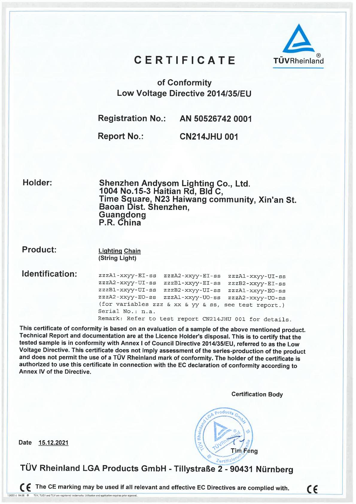 TUV certificate for applicable string light configurations