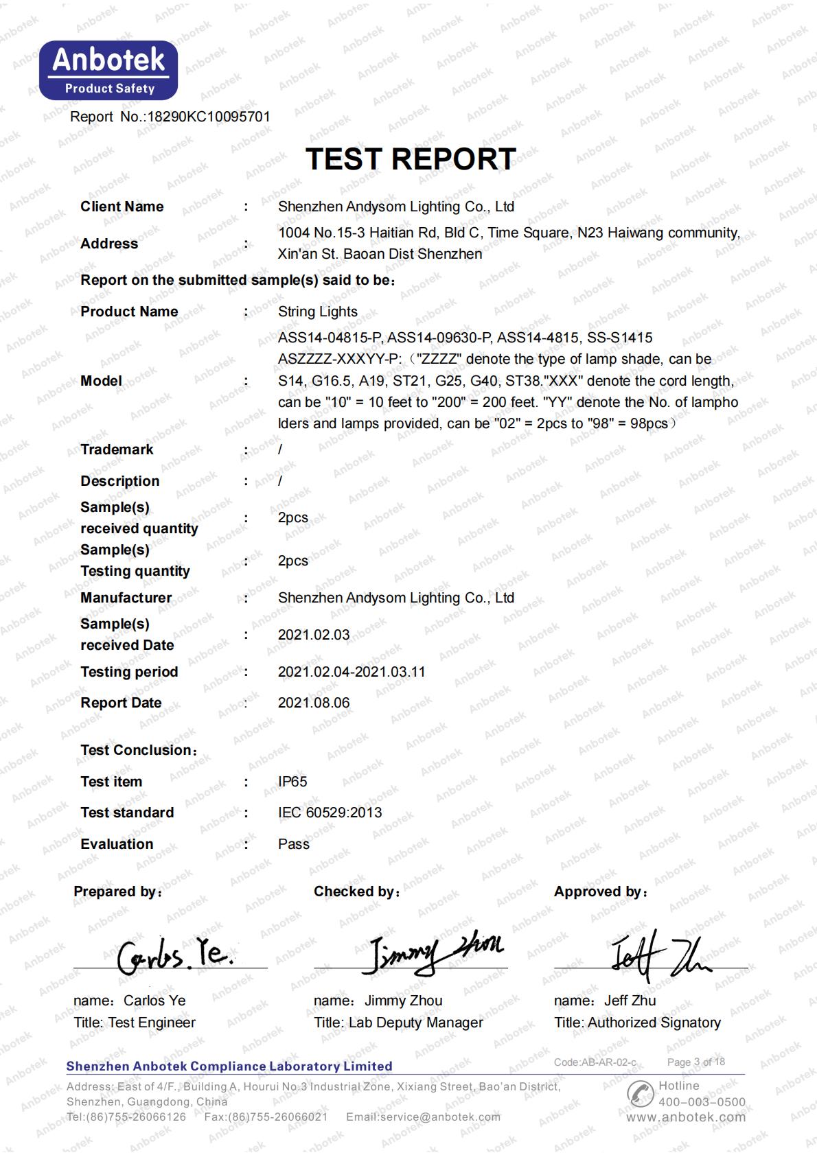 IP65 documentation for applicable string light configurations